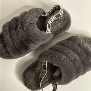 UGG Gray Fluffy Slide Slippers